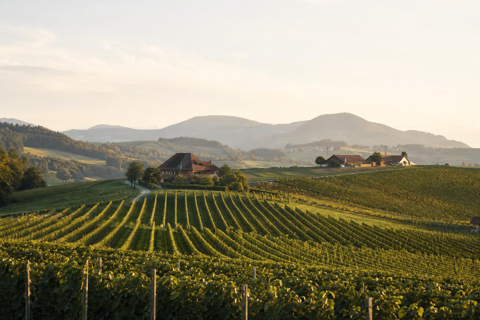 Vignoble suisse sur des collines douces avec fermes traditionnelles et montagnes en arrière-plan